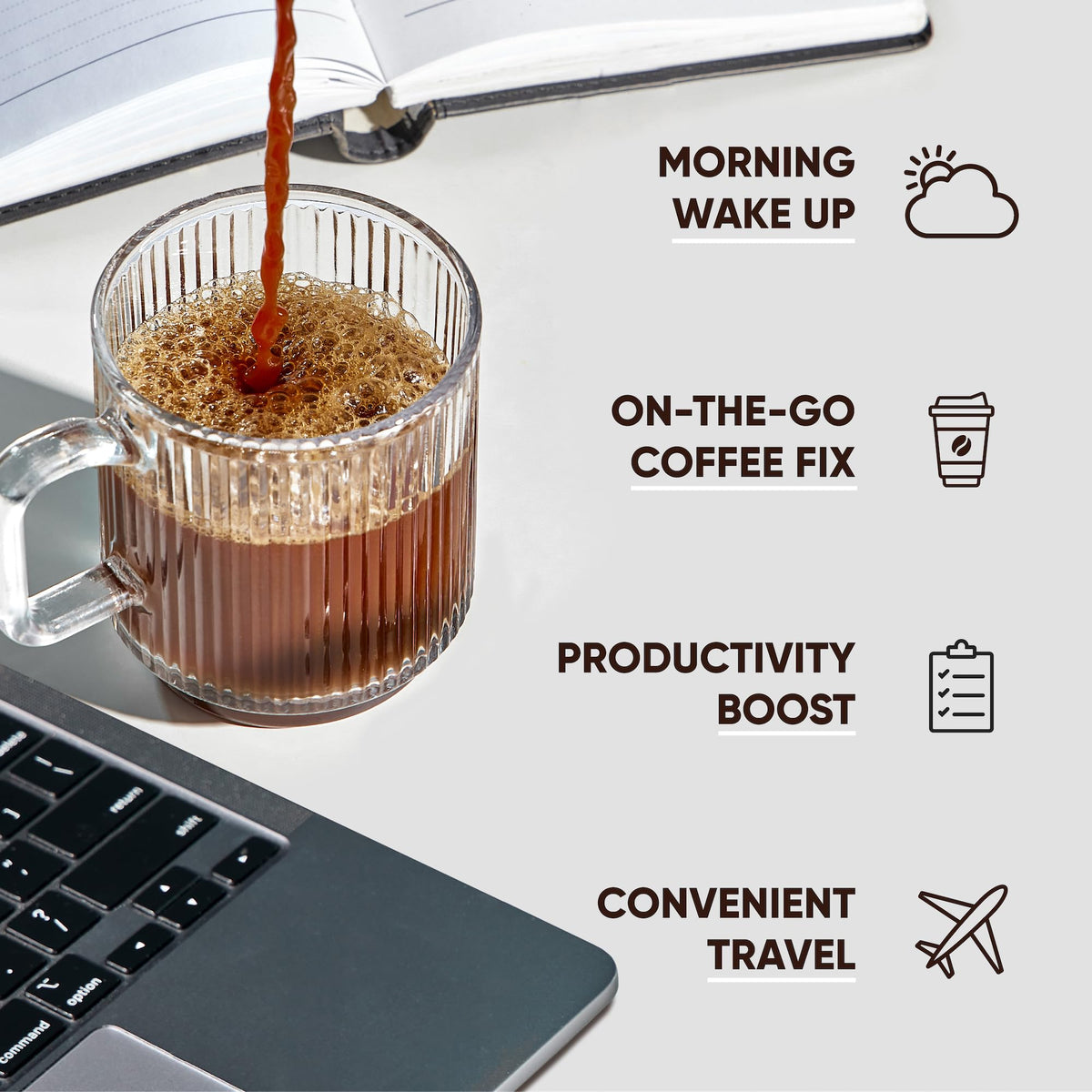 IQBAR IQJOE mug with steaming coffee for quick focus.