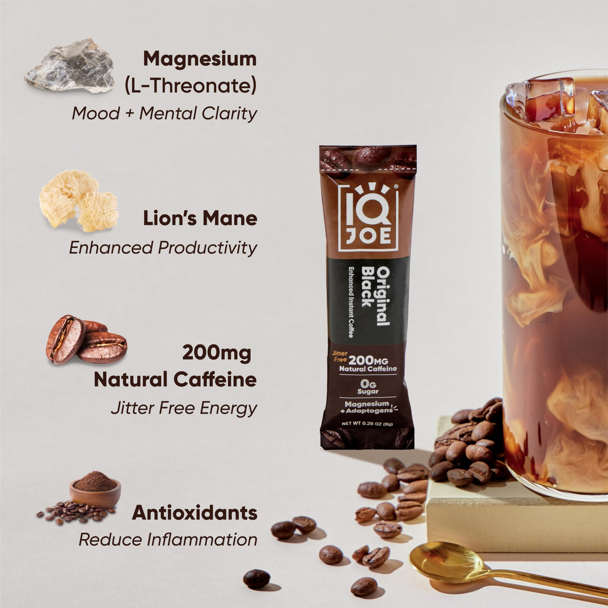 Single-serve Toasted Hazelnut sachet beside desk for focused energy