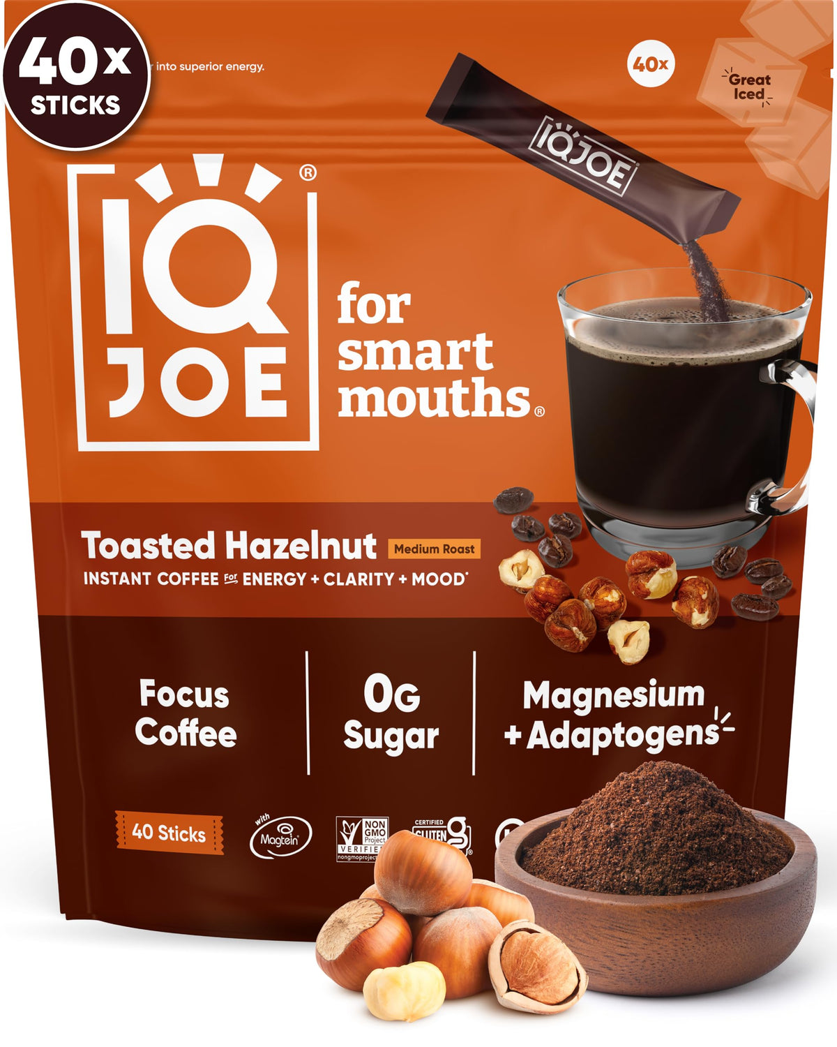 IQJOE mushroom coffee front pack with toasted hazelnut flavor for focused mornings.