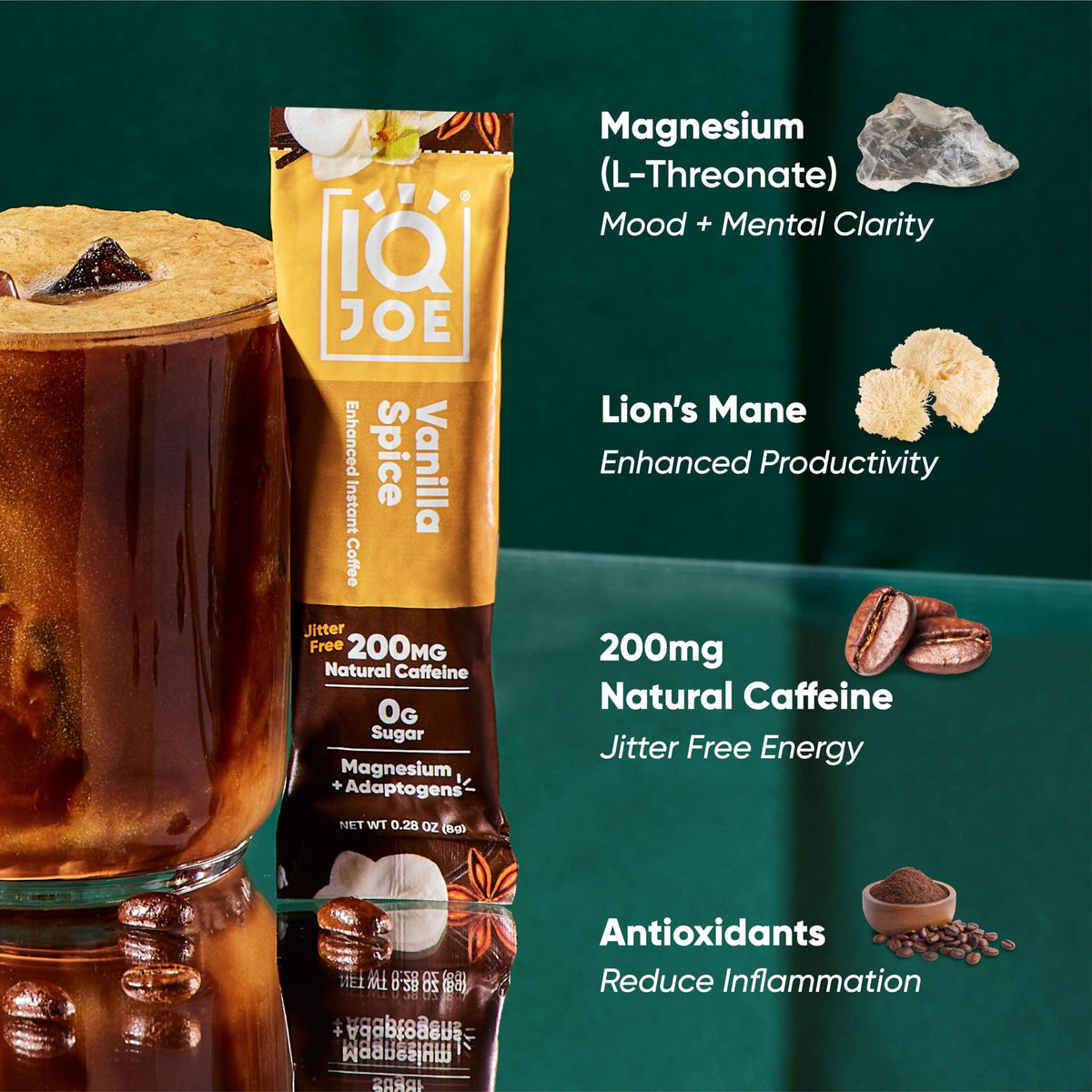 IQBAR IQJOE Low-acid coffee close-up highlights keto-friendly, sugar-free energy.