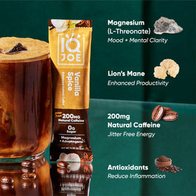 IQBAR IQJOE Low-acid coffee close-up highlights keto-friendly, sugar-free energy.