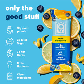 IQBAR Lemon Blueberry bar close-up texture shows chewy, wholesome ingredients.