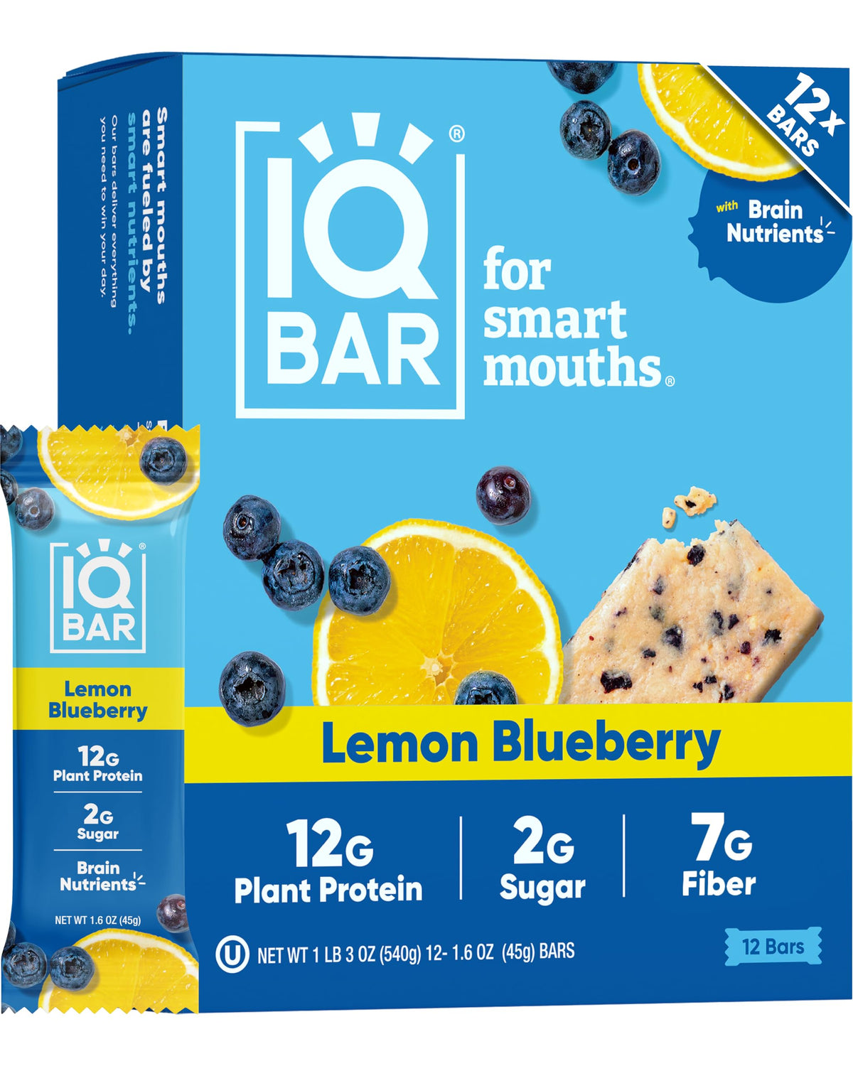 IQBAR Lemon Blueberry bar pack highlights clean label and keto-friendly nutrition.