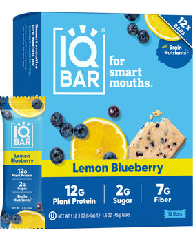 IQBAR Lemon Blueberry bar pack highlights clean label and keto-friendly nutrition.