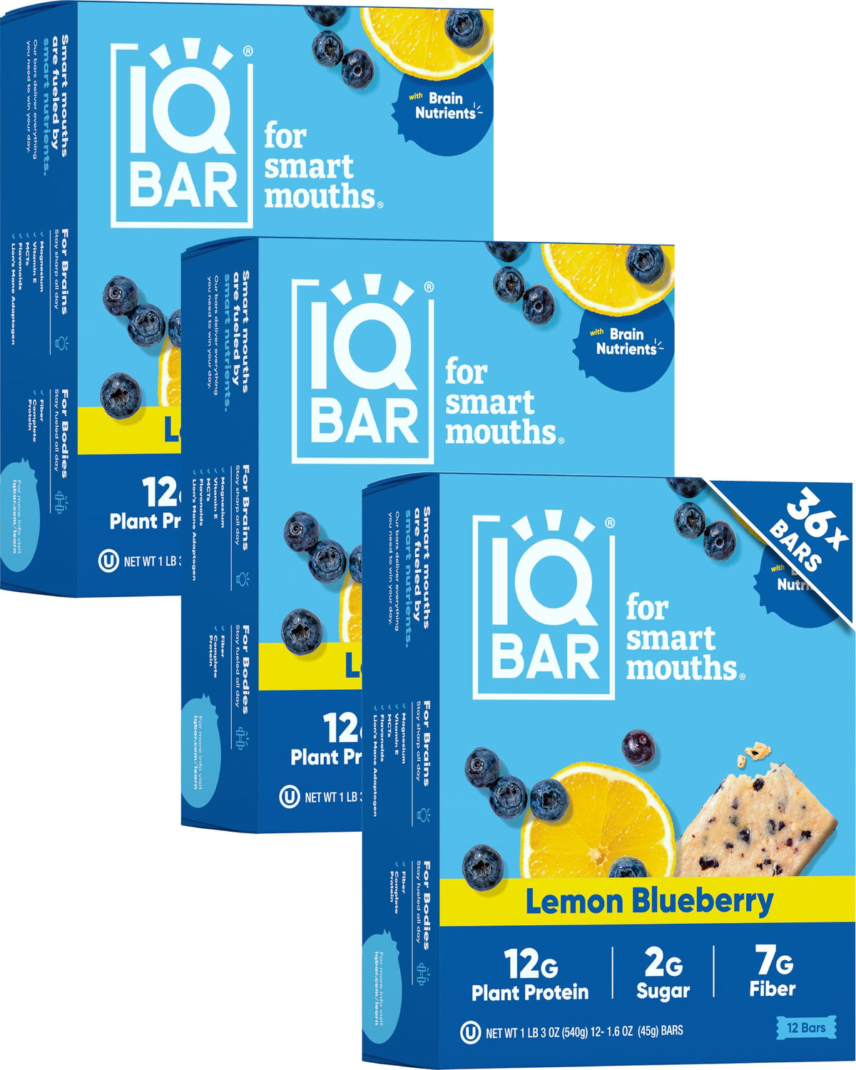 IQBAR Lemon Blueberry packaging highlights clean-label formula for keto-friendly snacking.
