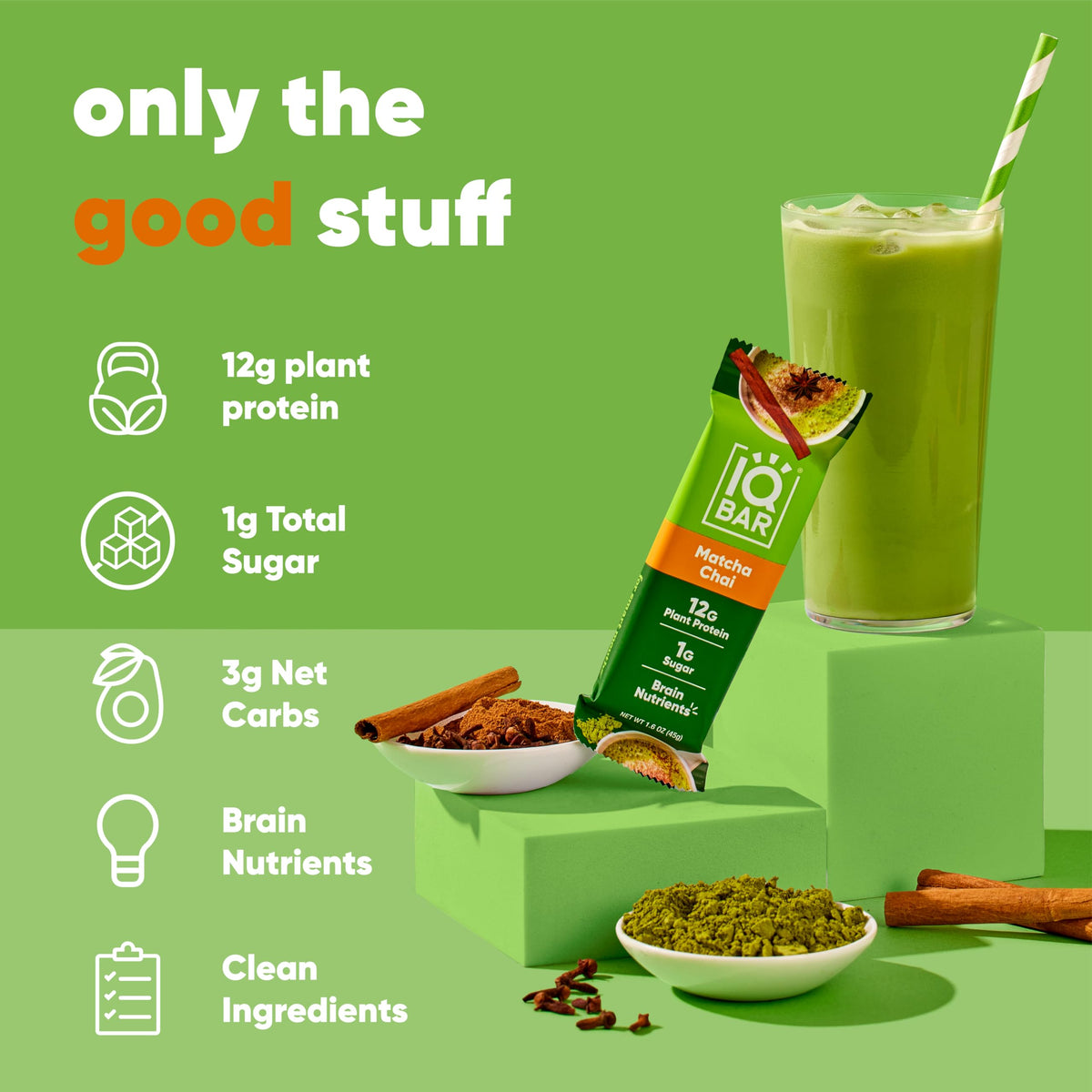 IQBAR Matcha Chai ingredient closeup shows plant protein presence