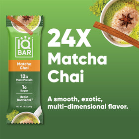 IQBAR Matcha Chai bar ingredients screen shows plant protein and no dairy.