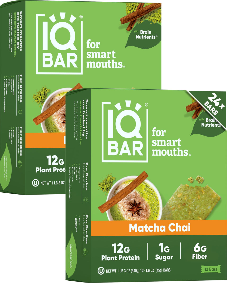 IQBAR Matcha Chai bar packaging highlights clean-label nutrition for on-the-go focus.