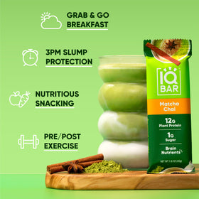 IQBAR Matcha Chai bar texture capture suggests satisfying bite and meal-replacement potential.