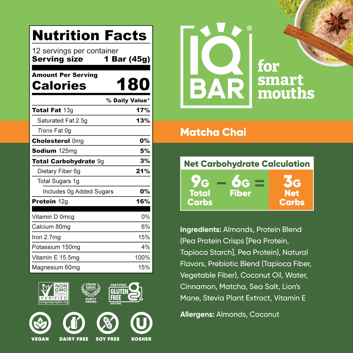 IQBAR Matcha Chai bar illustrates vegan-friendly, gluten-free formula