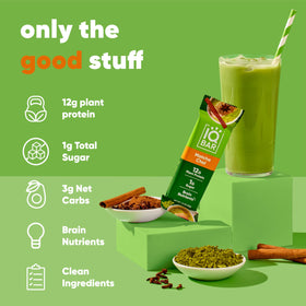 IQBAR Matcha Chai bar close-up showing wrap and texture for on-the-go snacking.