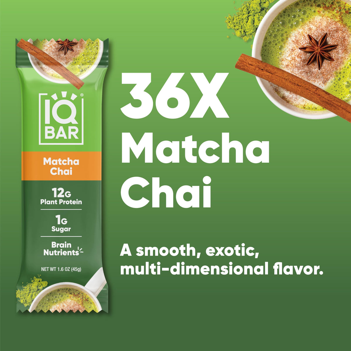 IQBAR Matcha Chai bars displayed on a desk for convenient snacking