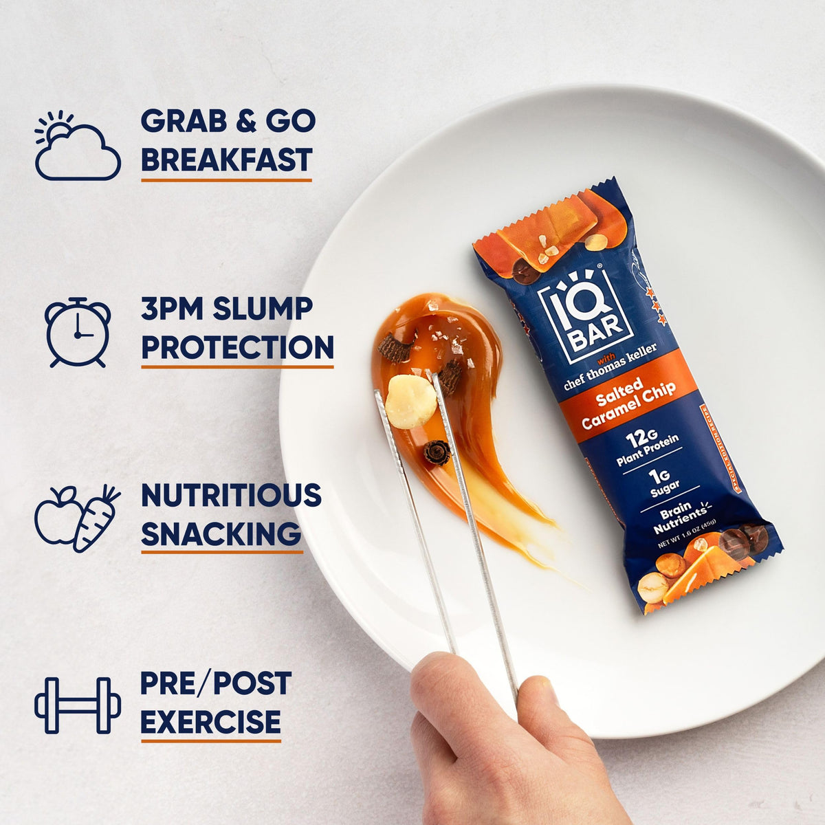 IQBAR On-desk snack suggests convenient meal or energy boost during work.