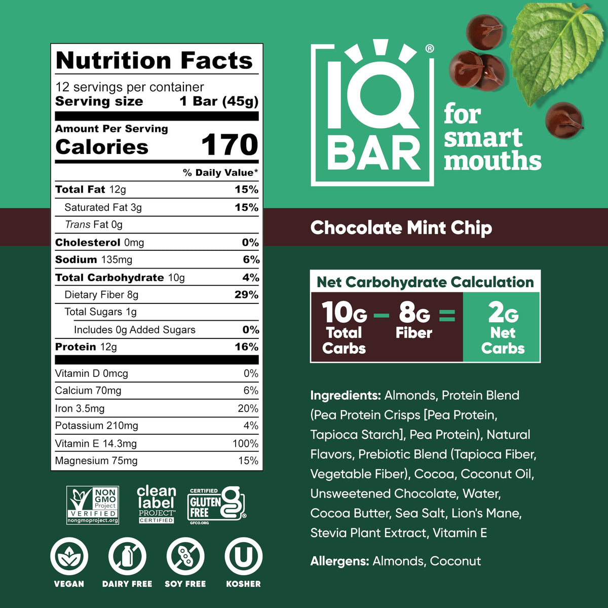 IQBAR Chocolate Mint Chip on-the-go snack for study or travel.