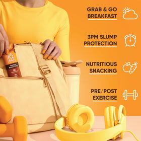 IQBAR Peanut Butter Chip bar beside a gym bag, post-workout bite.