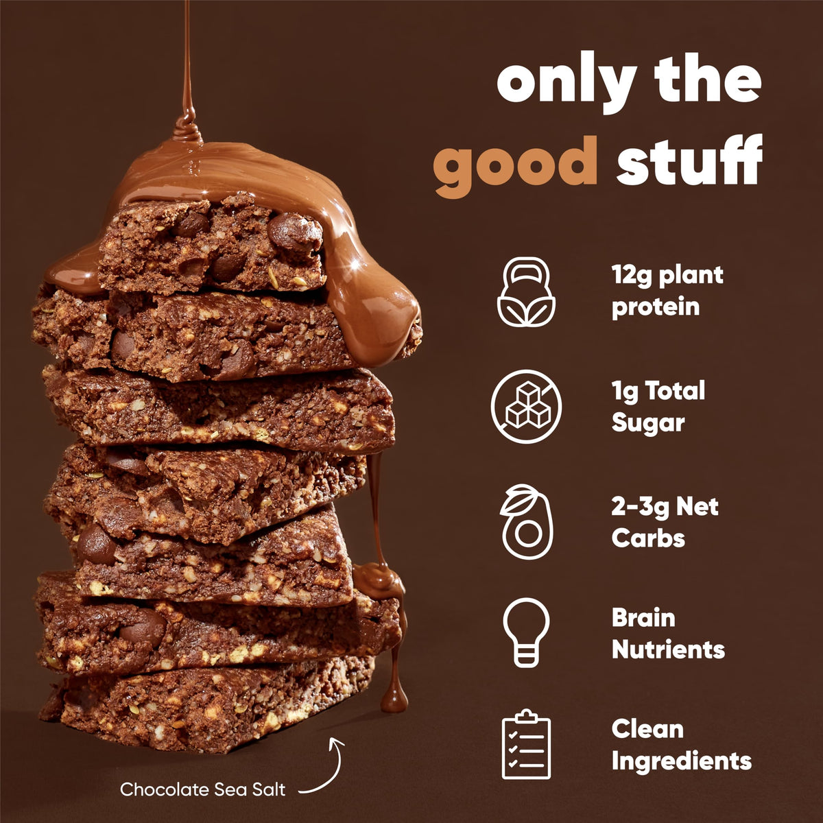 IQBAR bars close-up highlighting 12g plant protein and low sugar for steady energy.