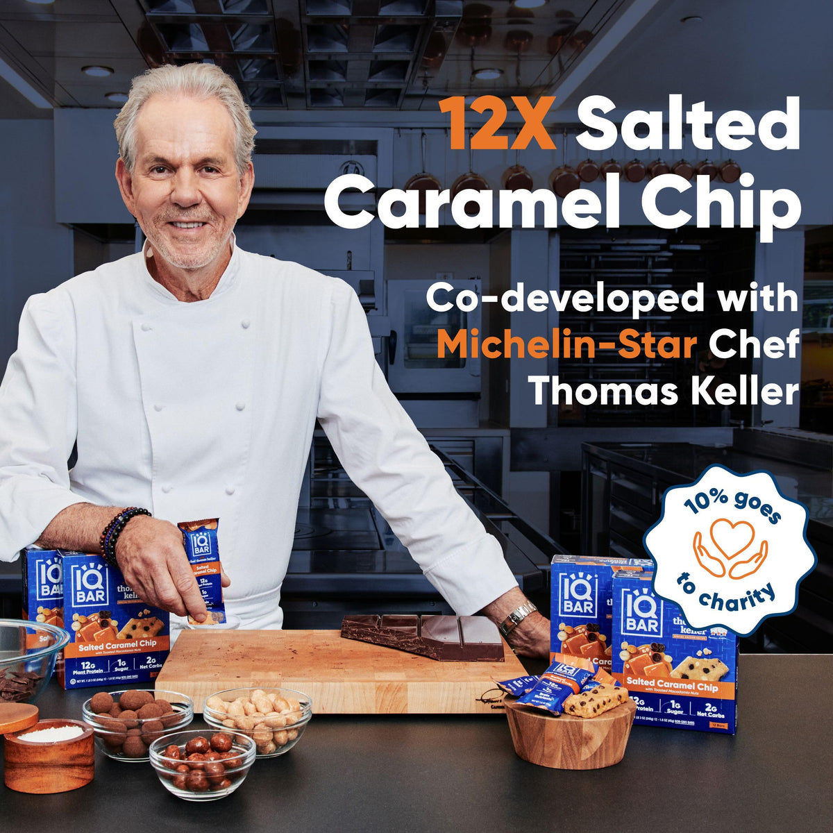 IQBAR Salted Caramel Chip bar cross-section reveals protein, fiber, and healthy fats.