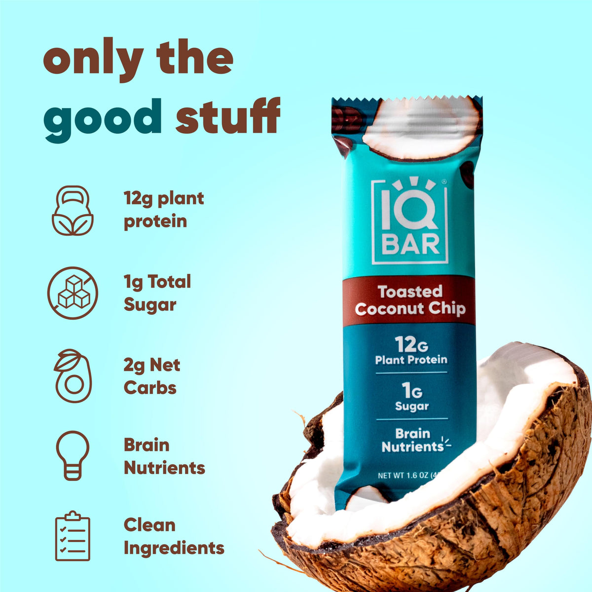 IQBAR Toasted coconut chip bar packaging highlights keto-friendly gluten-free nutrition