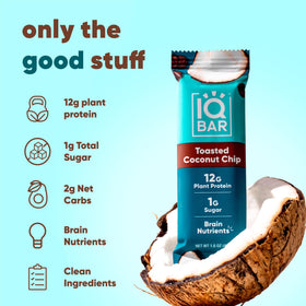 IQBAR Toasted coconut chip bar packaging highlights keto-friendly gluten-free nutrition