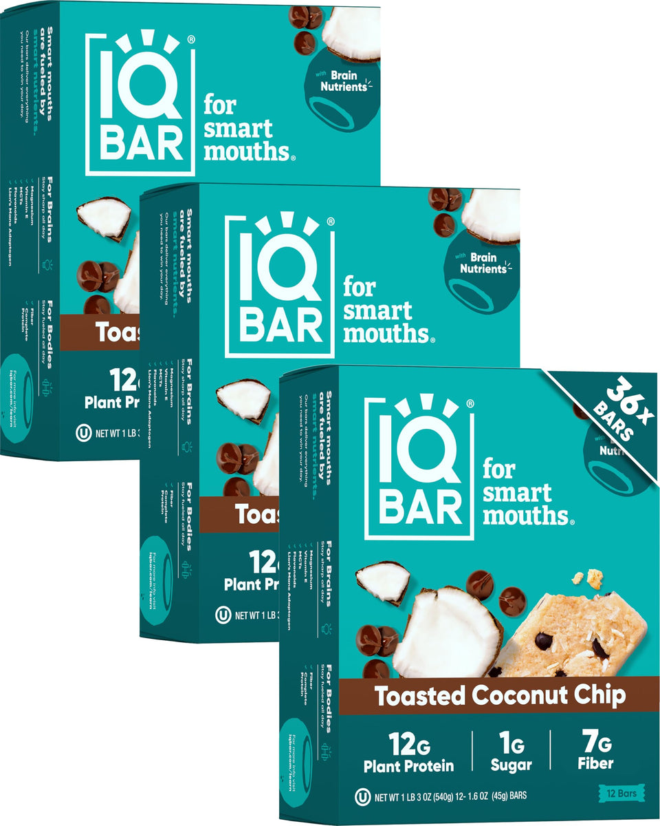 IQBAR Toasted Coconut Chip packaging highlights a clean-label keto vegan snack.