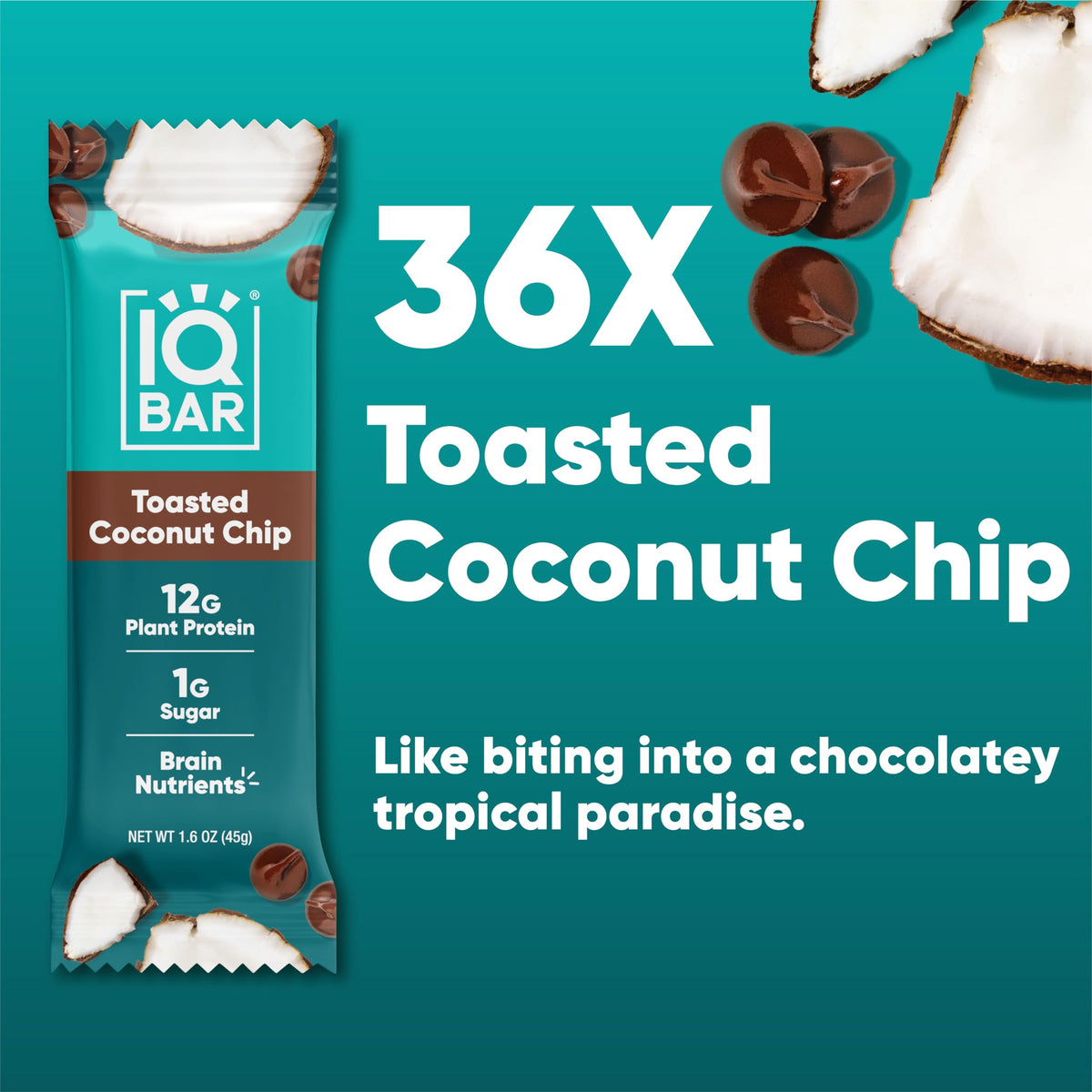 IQBAR Toasted Coconut Chip ingredients list with plant protein and vegan sources.