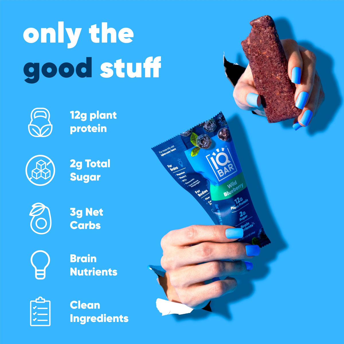 IQBAR Wild Blueberry bar inside view reveals chewy texture and plant protein