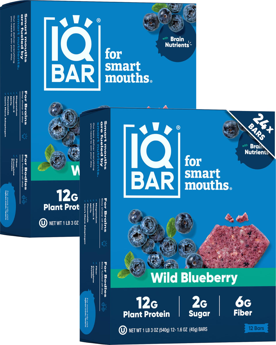 IQBAR Wild Blueberry bar packaging on shelf; gluten-free, dairy-free nutrition.