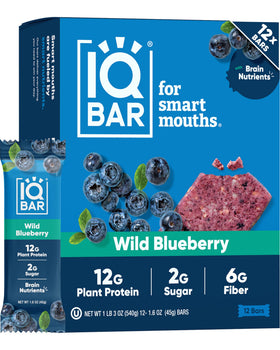 IQBAR Wild Blueberry clean plant protein bar front view for a keto friendly snack