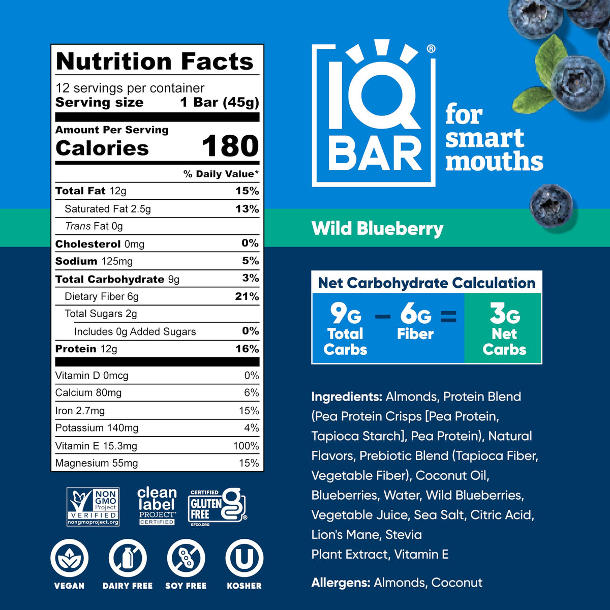 IQBAR Wild Blueberry bar nutrition label highlights 12g protein and low net carbs.