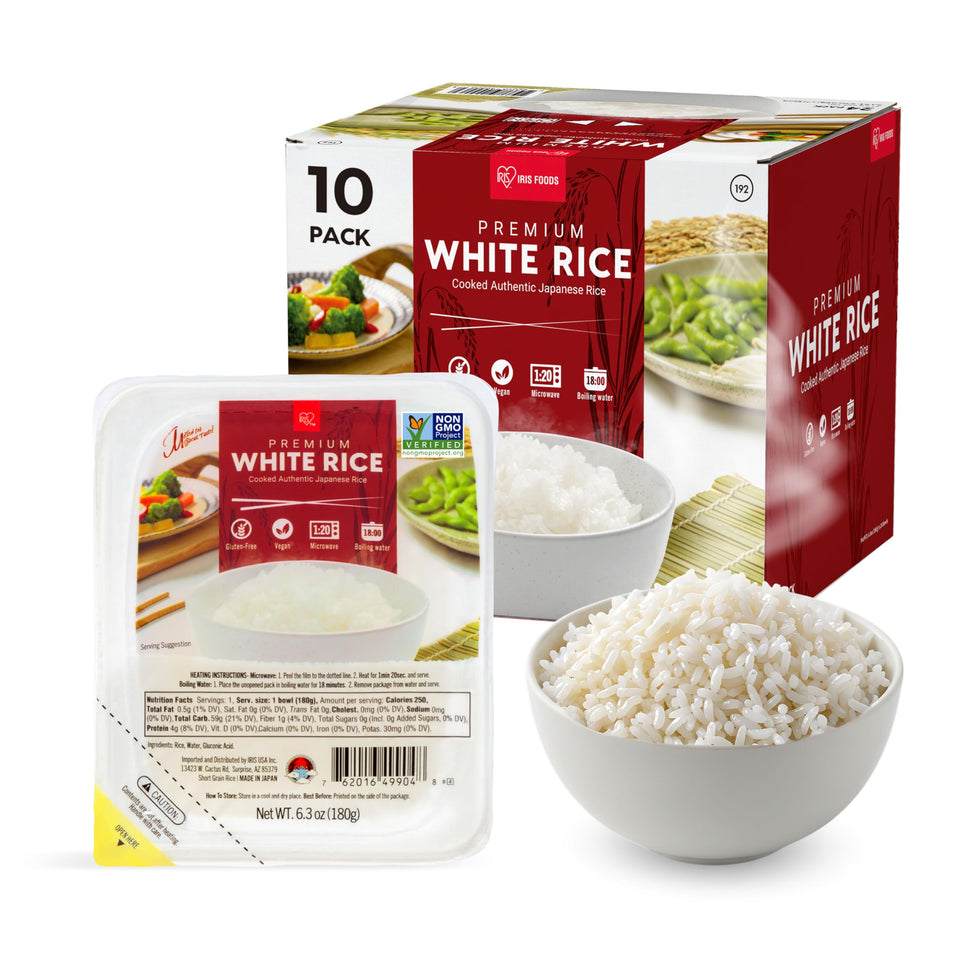 IRIS USA instant white rice tray ready for quick meals.