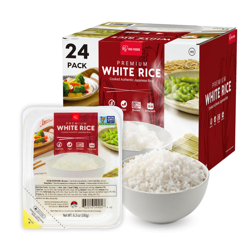 IRIS USA Instant White Rice tray packaging showing convenient single-serve portions