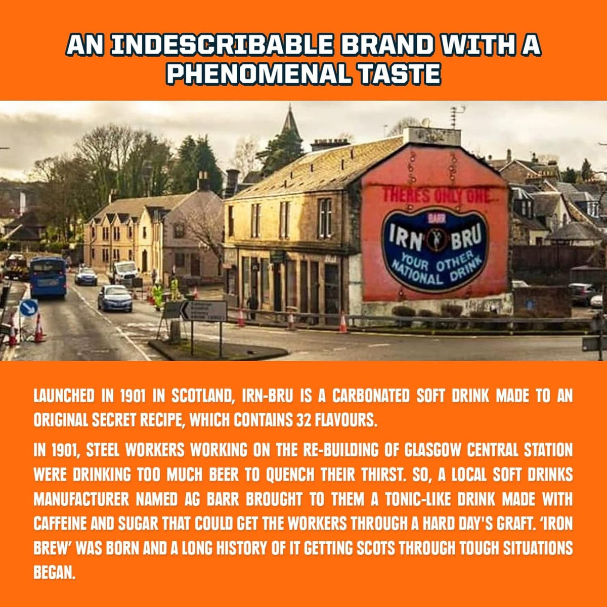 IRN-BRU Original grocery shelf shot highlighting a convenient 4-pack for sharing.