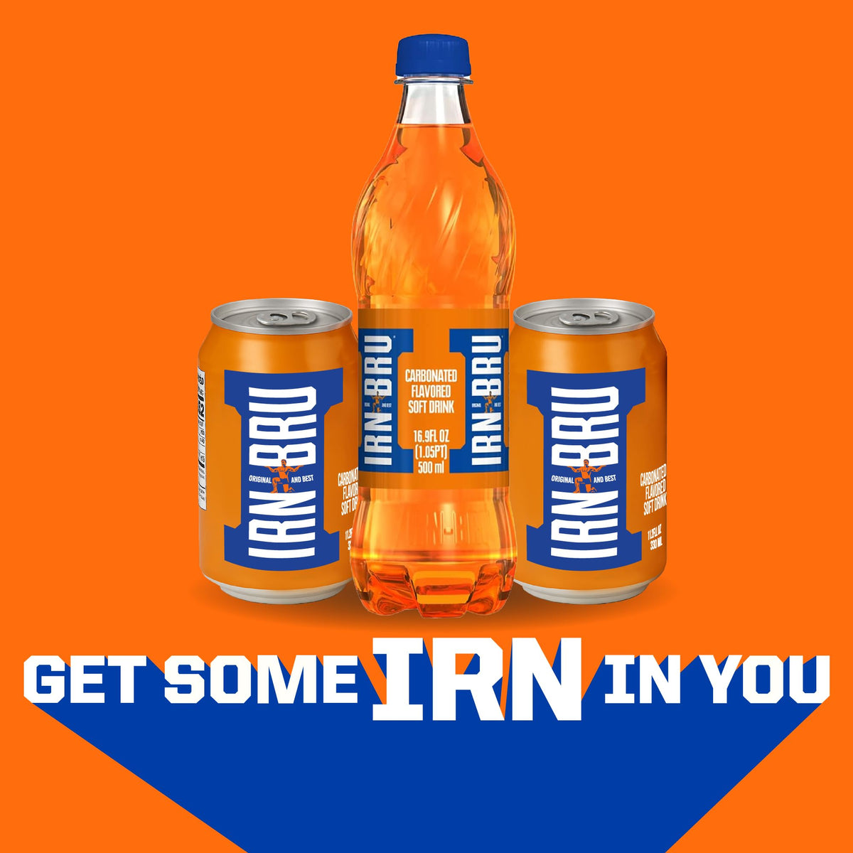 IRN-BRU Original party display featuring bright cans for social events.