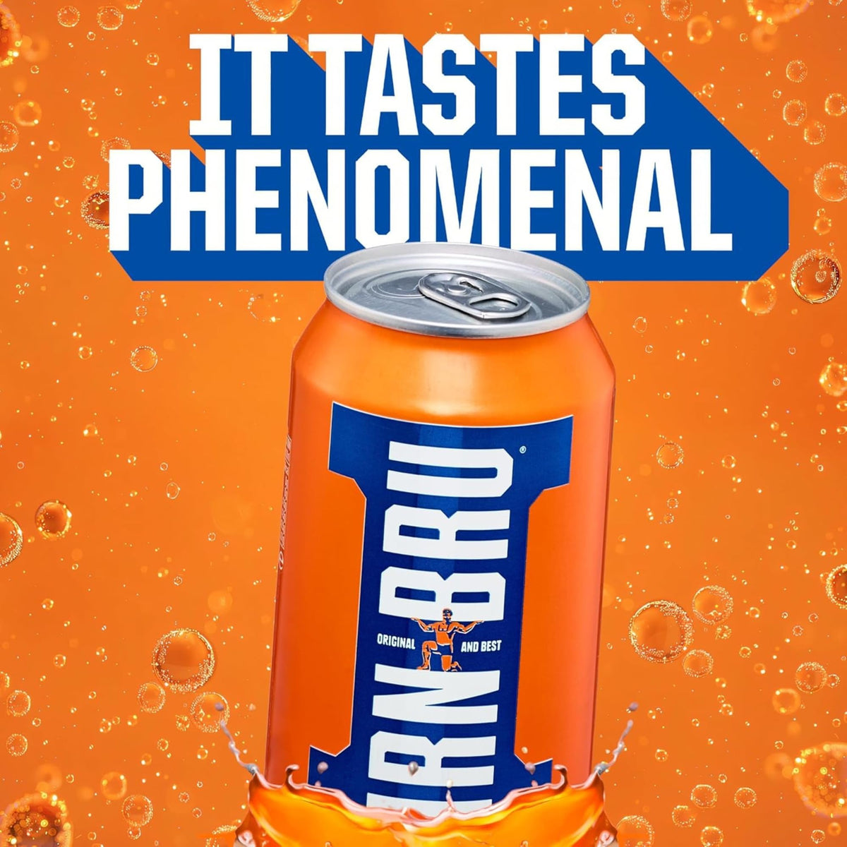 IRN-BRU Original pouring splash capturing fizzy flavor release.