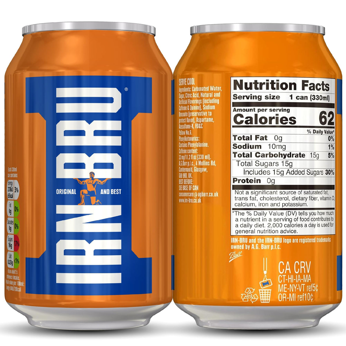 IRN-BRU Original sparkling can showing crisp fizz for chilled sipping.
