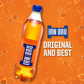IRN-BRU original glass with ice suggesting a cool serving.