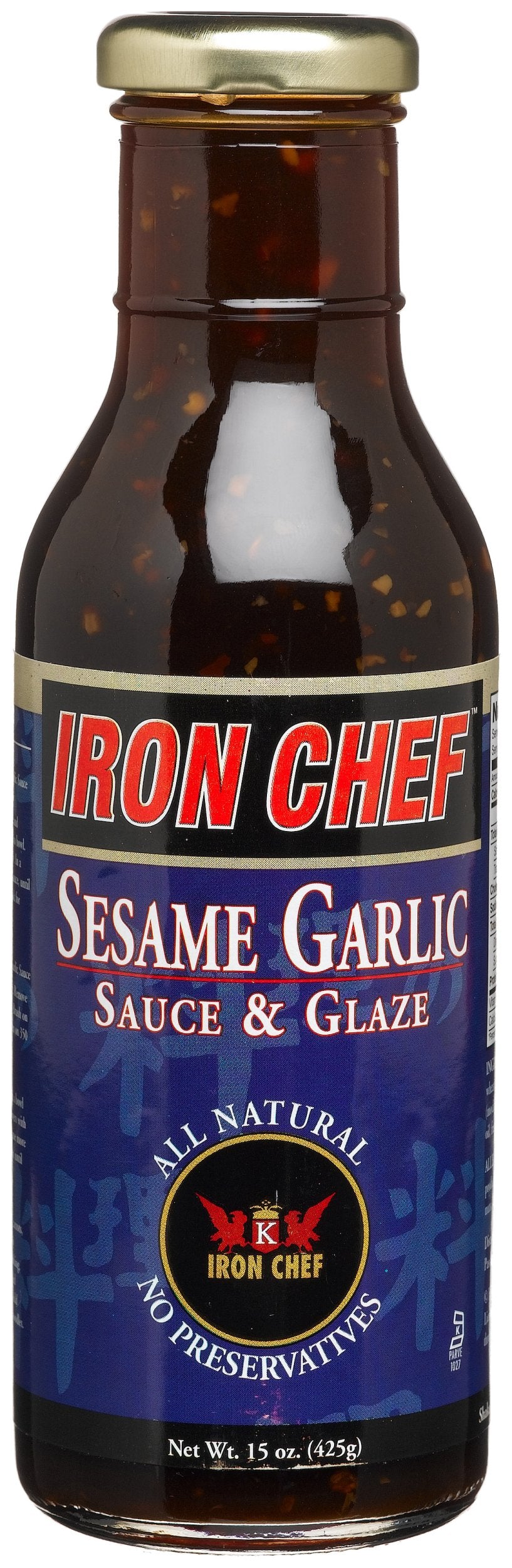 IRON CHEF Sesame Garlic Sauce & Glaze bottle, ideal for dipping, glazing, and marinades.