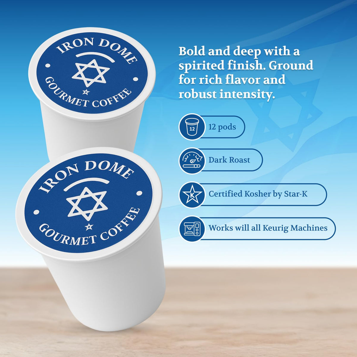 Close-up of Sabra Spirit dark roast pod with glossy seal for freshness