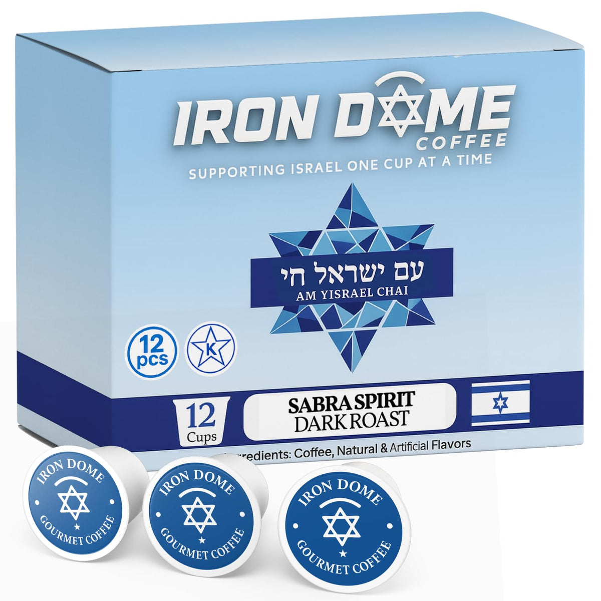 Iron Dome Coffee Sabra Spirit dark roast pods pack highlighting bold flavor potential