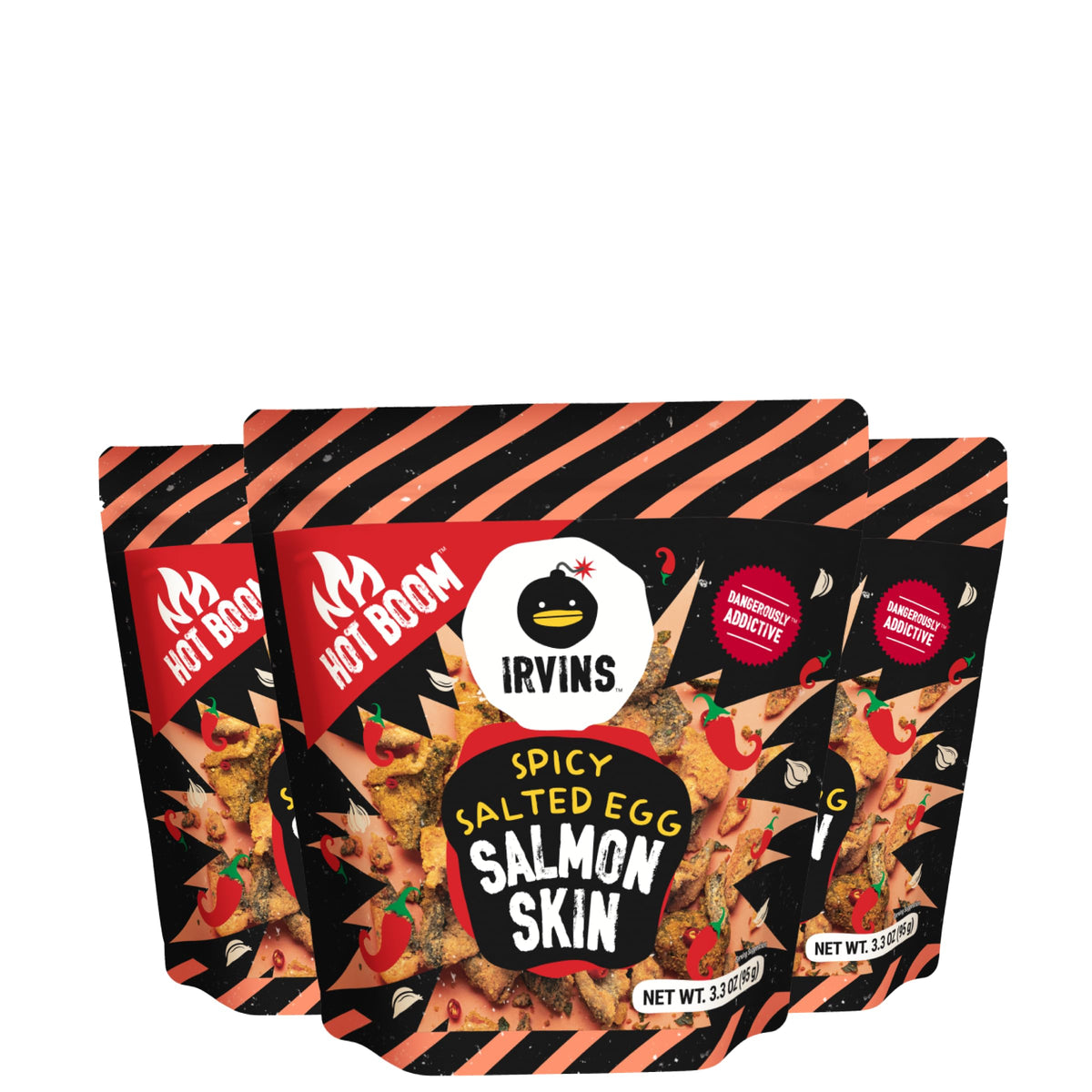 IRVINS Hot Boom spicy salted egg salmon skin chips showing bold crunch and heat.