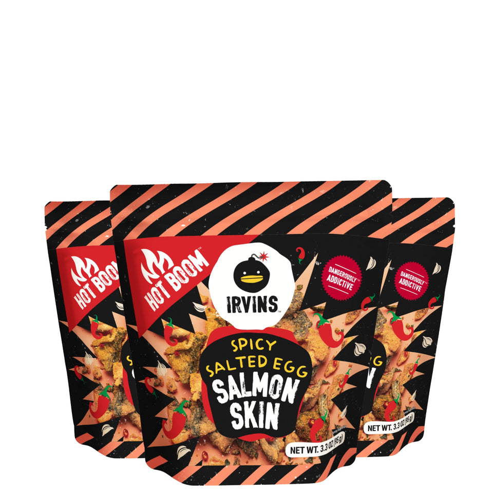 IRVINS Hot Boom spicy salted egg salmon skin chips showing bold crunch and heat.