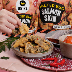 Irvins salmon skin chips plated serving, ideal party nibble.