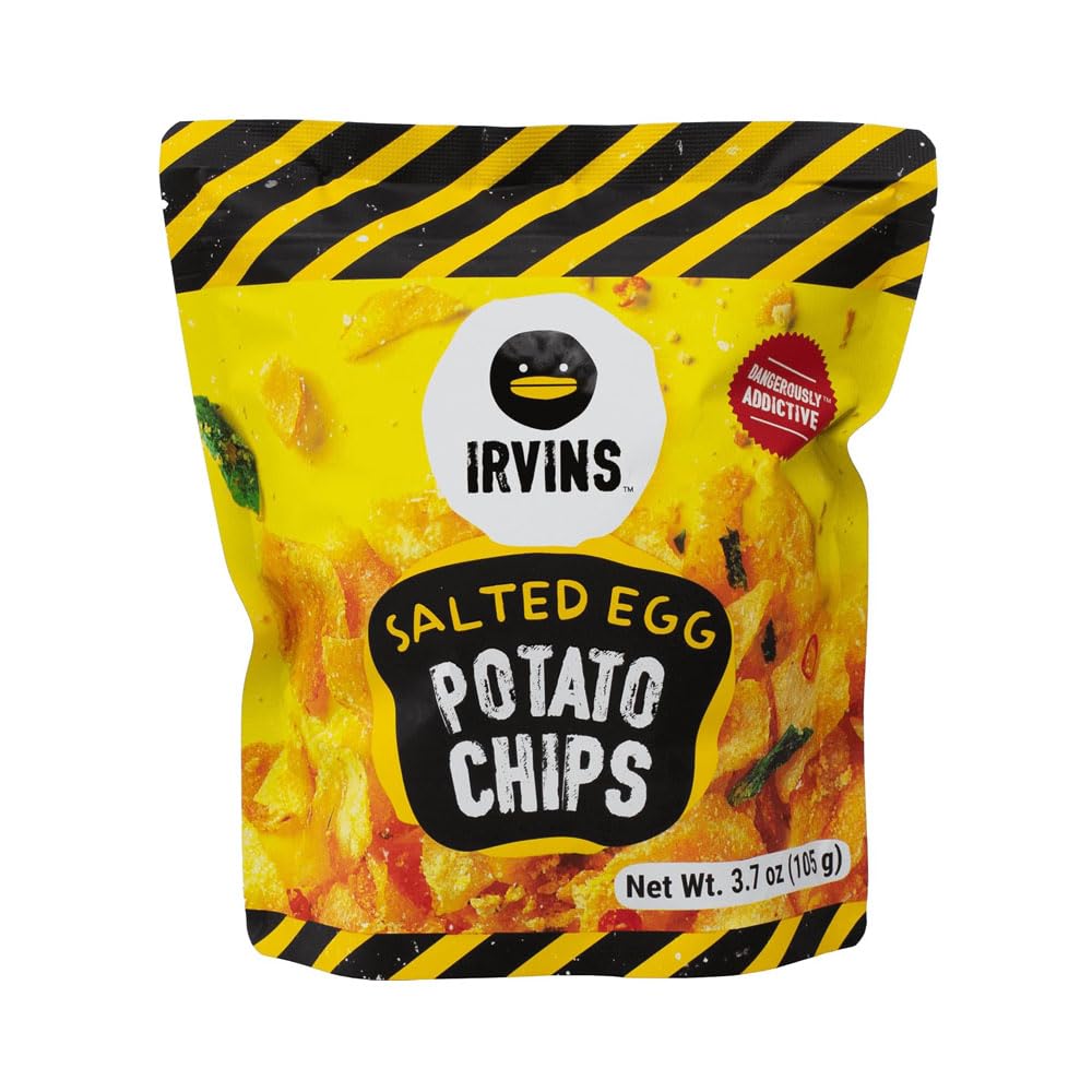 IRVINS Salted Egg Potato Chips close-up crisp highlighting crunchy texture for snacking moments.