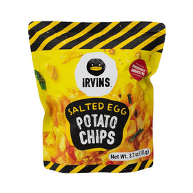 IRVINS Salted Egg Potato Chips close-up crisp highlighting crunchy texture for snacking moments.