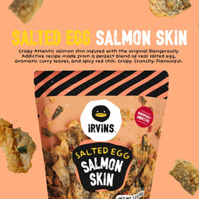 Irvins Salted Egg Salmon Skin Chips closeup showing premium hand-cooked crunch and texture.
