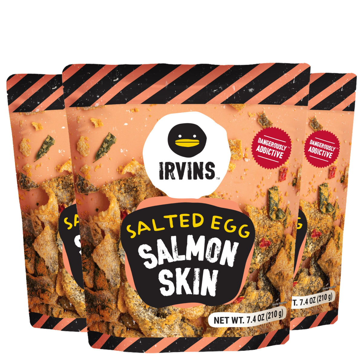 Irvins front-pack view of salted egg salmon skin chips, premium snack on the go.