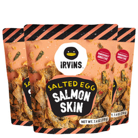 Irvins front-pack view of salted egg salmon skin chips, premium snack on the go.