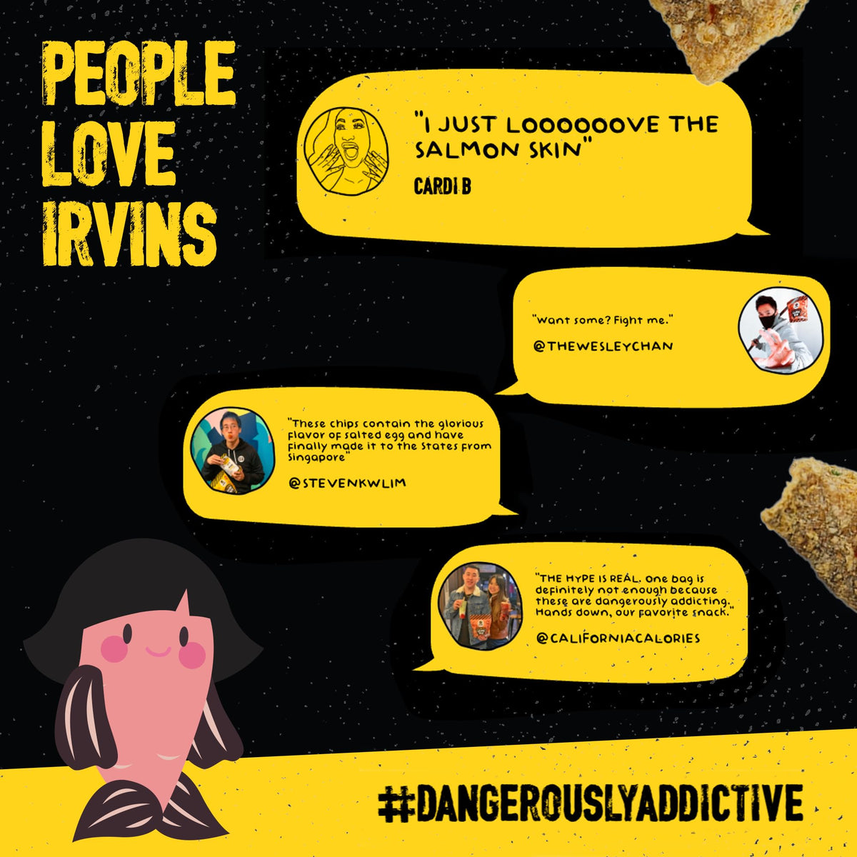 Irvins Salted Egg Salmon Skin Chips gourmet slices, ideal for tasting parties.