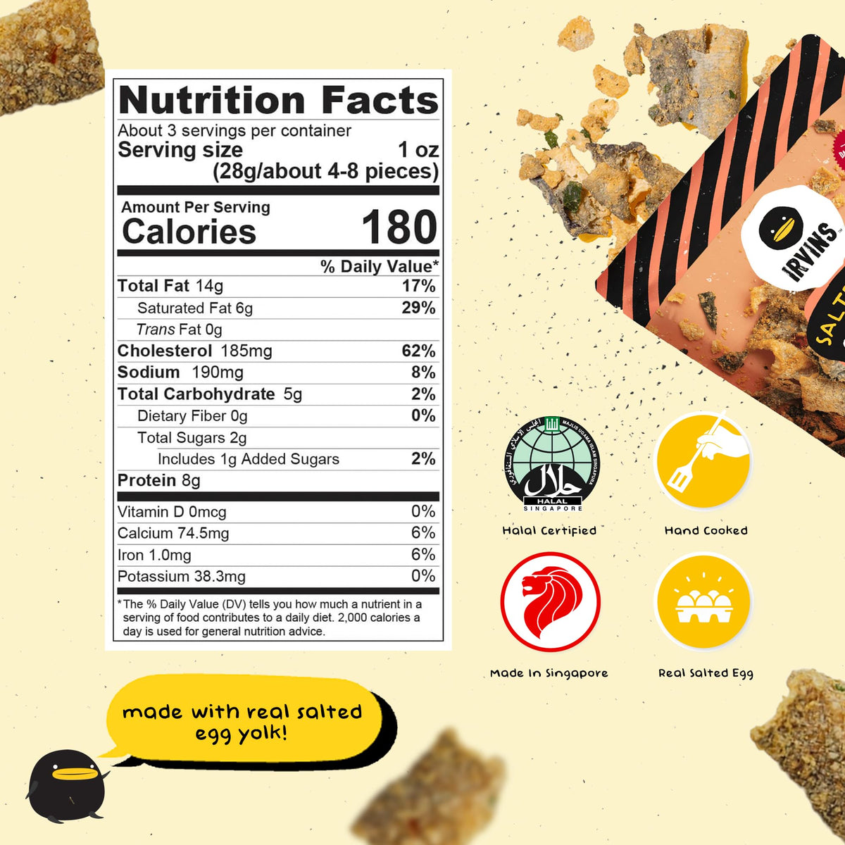 Irvins Salted Egg Salmon Skin Chips in bowl, showcasing vibrant color and crisp texture.