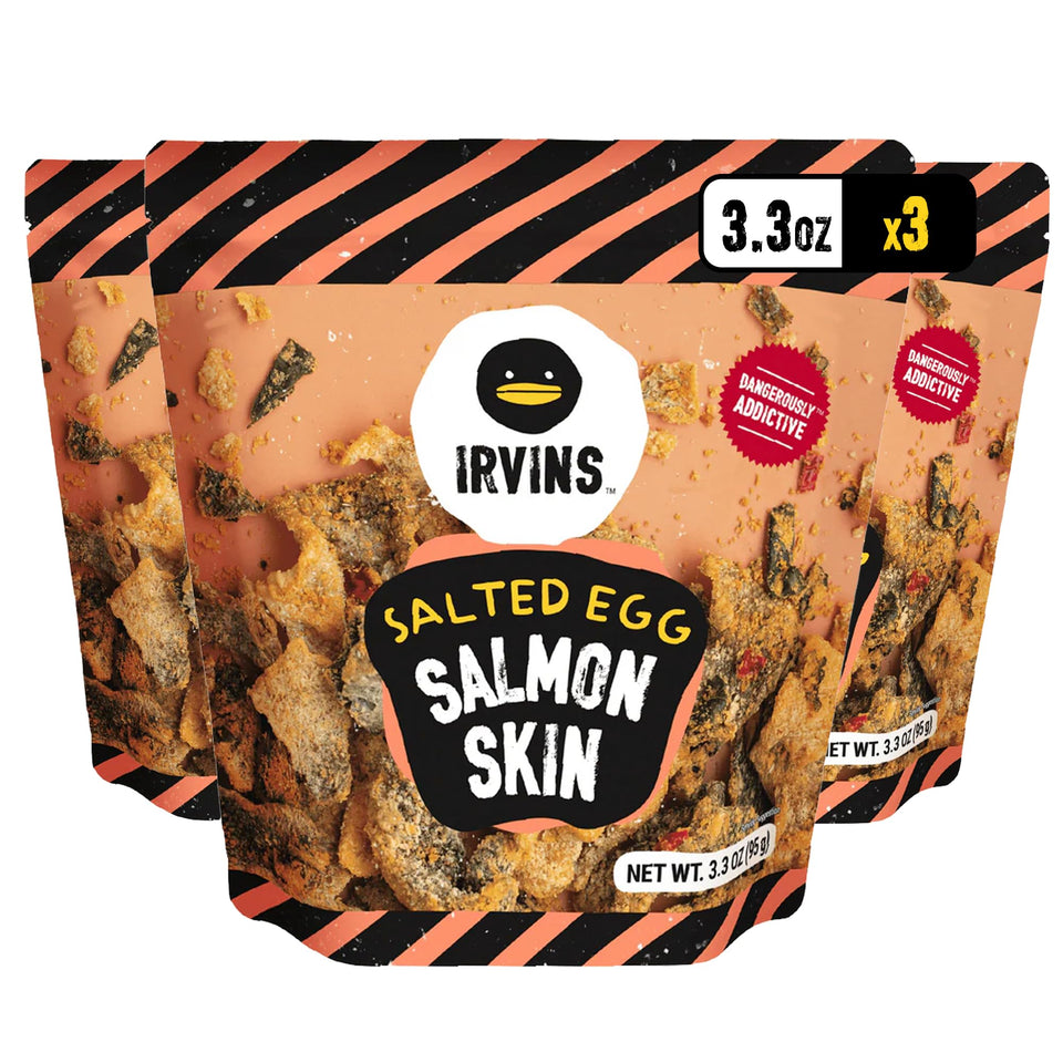 Irvins Salted Egg Salmon Skin Chips pack of 3, perfect for sharing and on-the-go snacking.